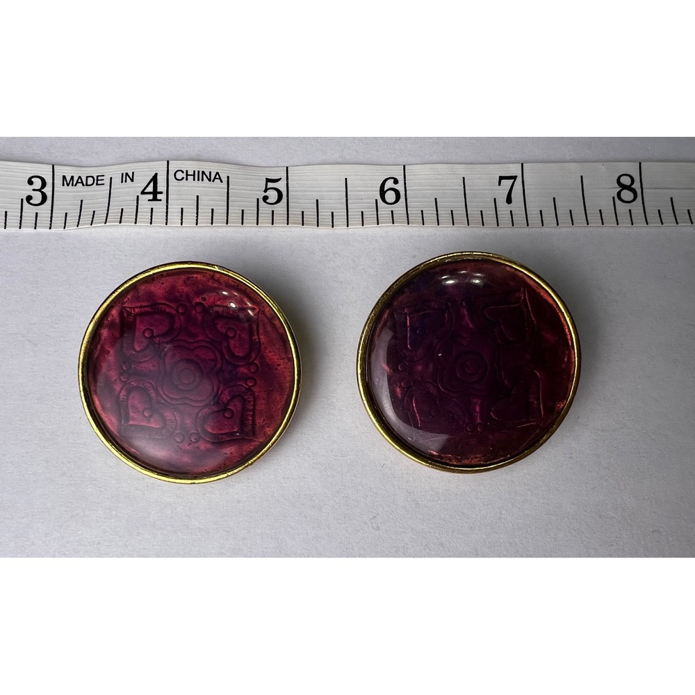 Vintage Liz Claiborne Purple Resin Round Clip On Earrings Enamel Designer Retro